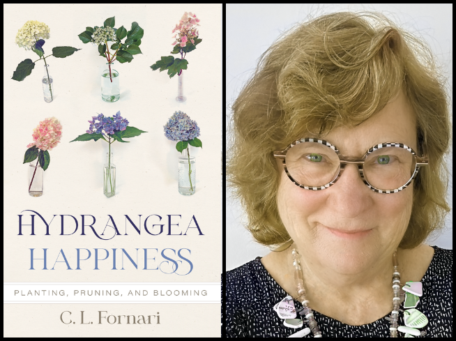 A book cover with several hydrangeas in blue, white, and pink, and the image of a middle aged white woman with glasses