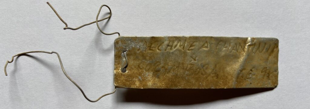 rusty metal tag for Aechmea chantinii with wire clasp against blank background