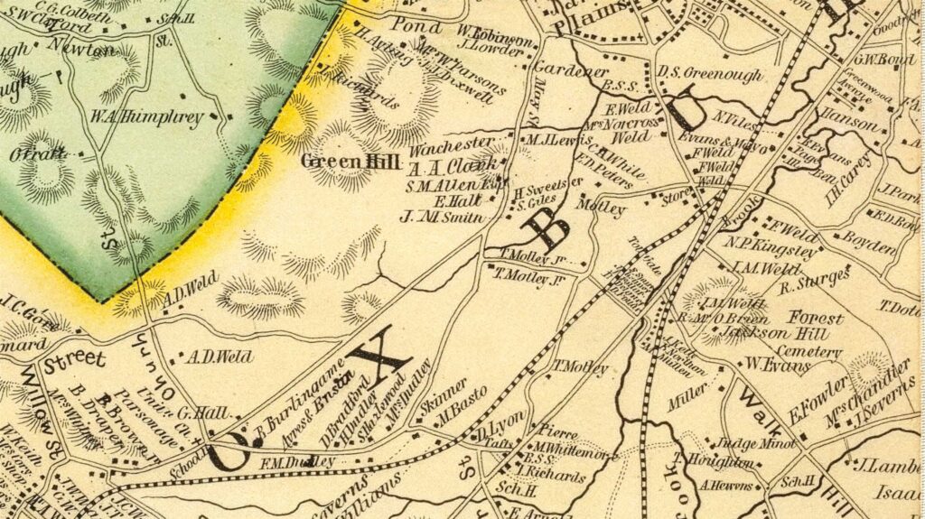 The home of “S. Giles” indicated (just above the large capital “B”) on an 1852 map of Boston and vicinity published by J. B. Shields.