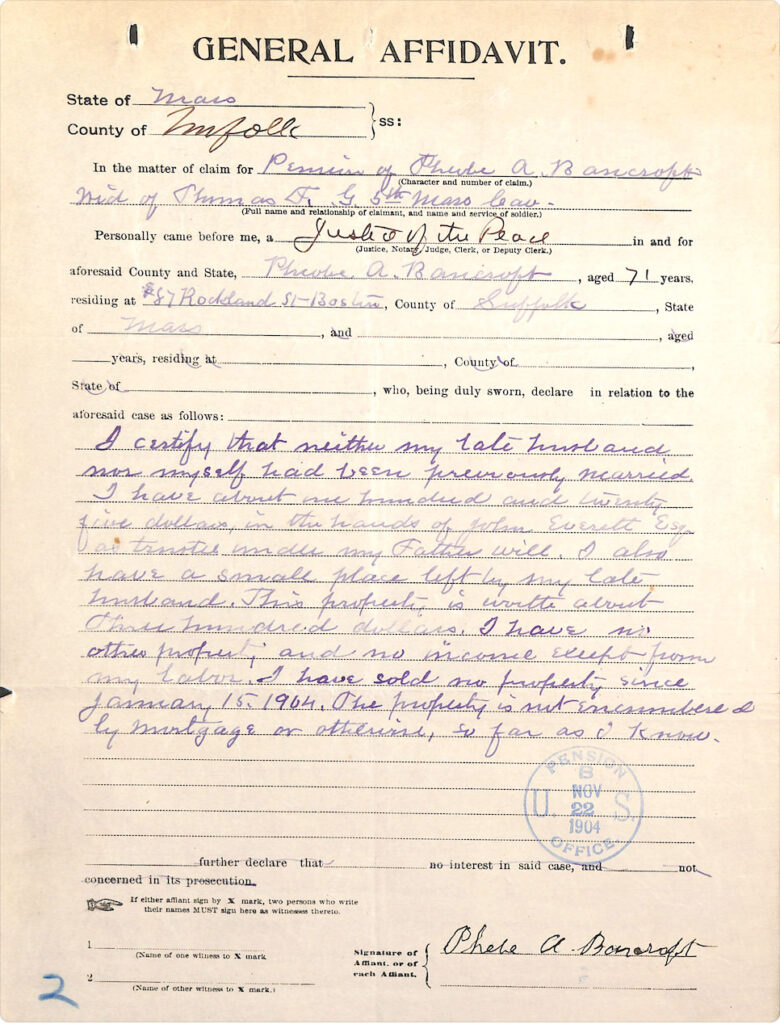 Phoebe's application for her share of Bancroft's Civil War pension.