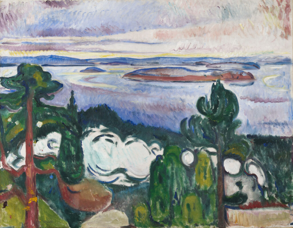 Abstract painting with trees in foreground, train and plum of smoke in the middle ground, and blue/pink water and sky in the background