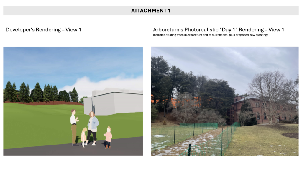 View 1 from the development proposal on left; Photorealistic Day 1 Rendering Includes existing trees in Arboretum and at current site, plus proposed new plantings