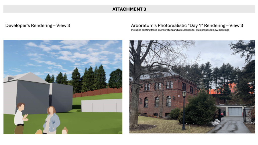 View 3 from the development proposal on left; Photorealistic Day 1 Rendering