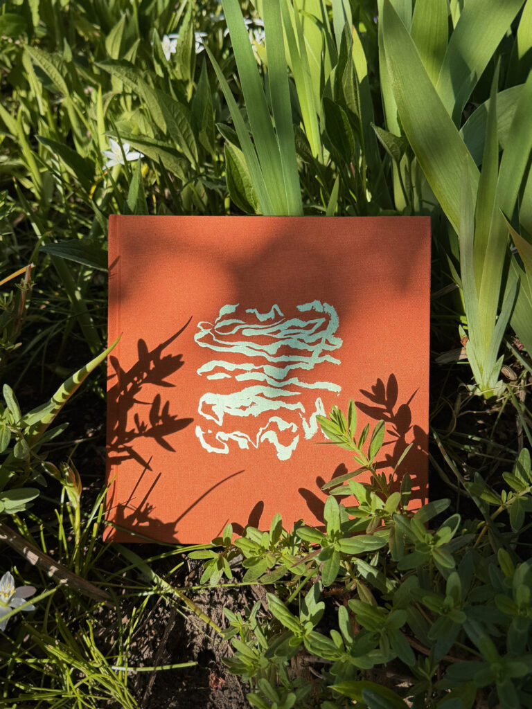 A hand-made book is pictured among a background of plants