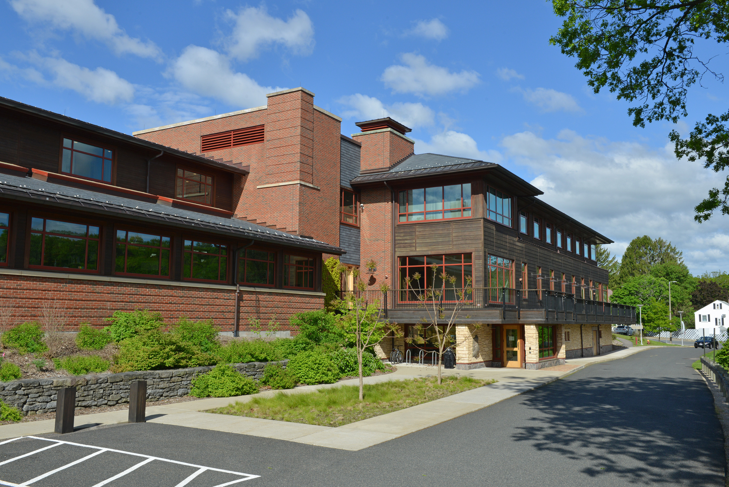 A large brick and glass building