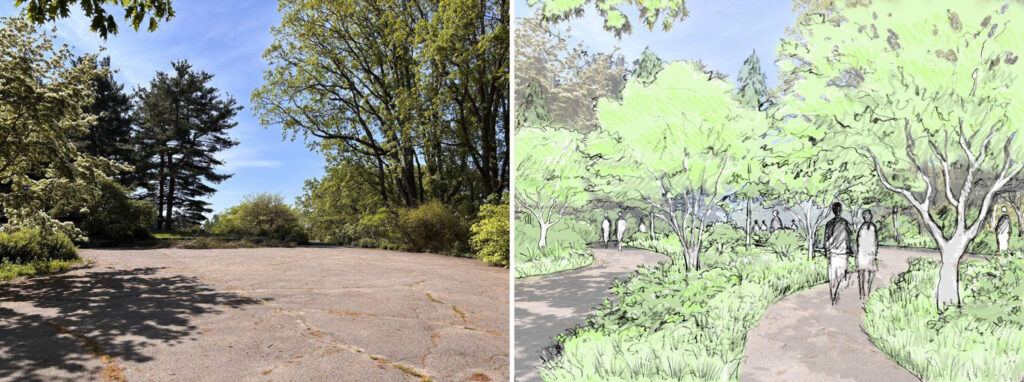 Existing view of the carriage turnaround at the top of Bussey Hill at left, with sketch of design concept for its redesign at right.