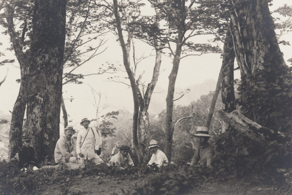 Group of six men sitting among trees.