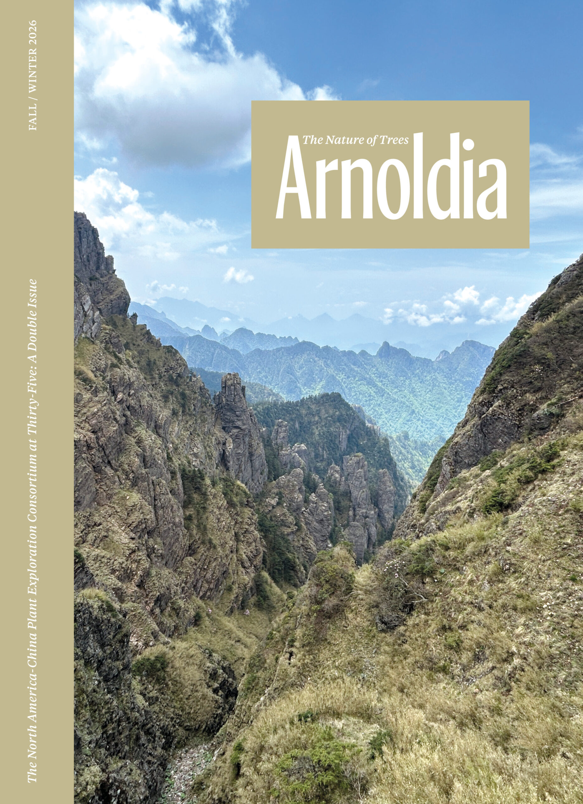 Arnoldia cover featuring a photograph of thickly vegetated canyon landscape with the title of the magazine and the words "The North America-China Plant Exploration Consortium at Thirty-Five: A Double Issue